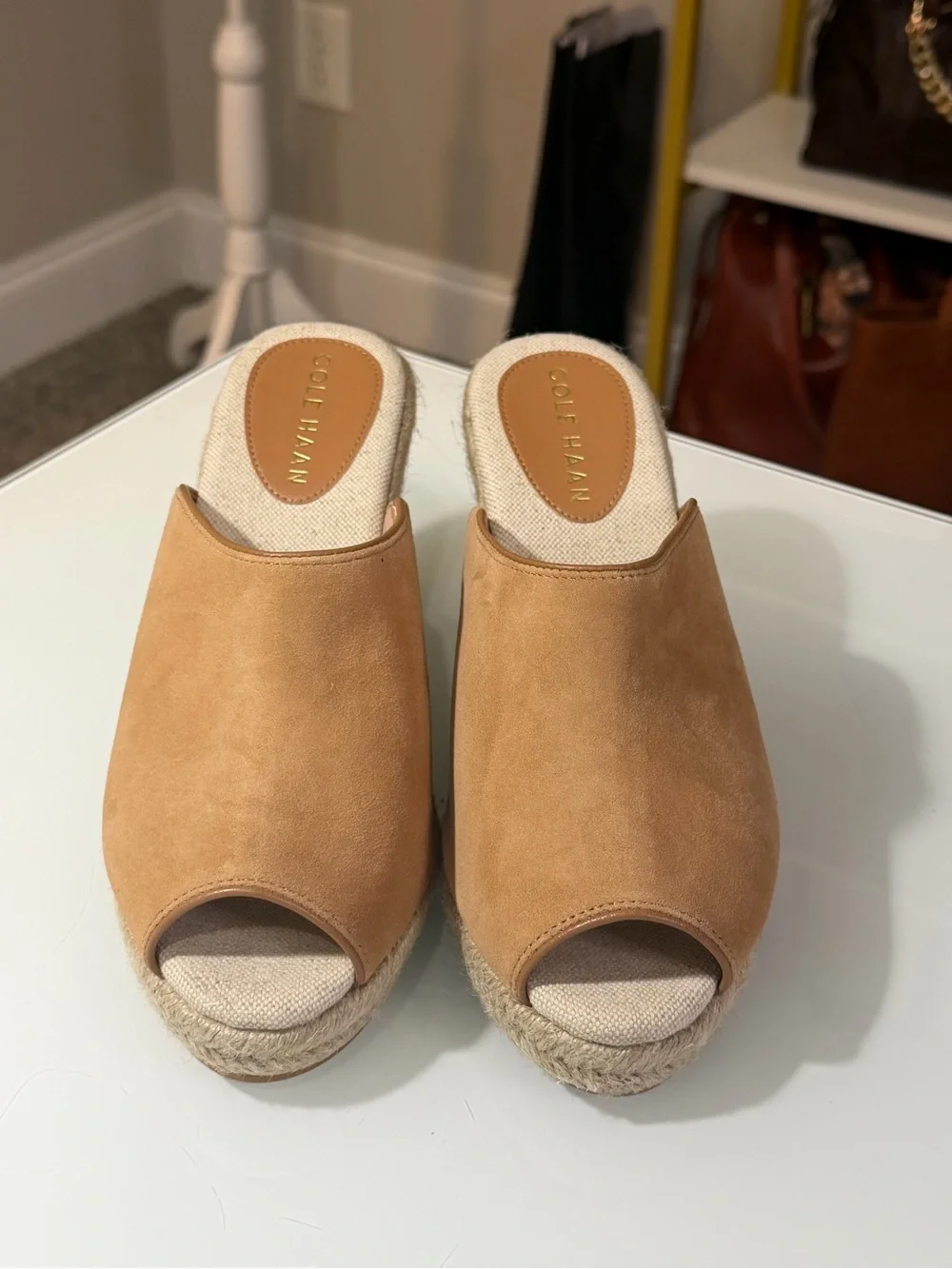 Cole Haan Cloudfeel Southcrest Espadrille Wedge Mule in tan suede sz7